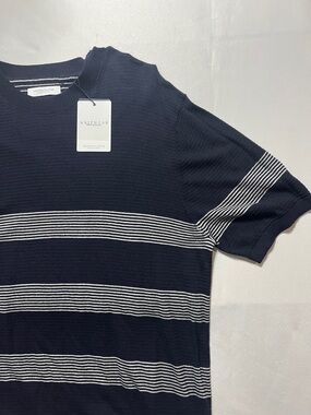 Denim & Flower Navy/White Ribbed Strip Oversized Short Sleeve Knitwear Mens XL